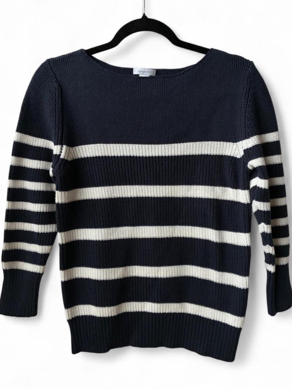 Garnet Hill cotton navy & white striped knit sweater boat neckline nautical S